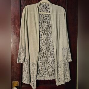 No Label, XXL, Gray, Lace Open Front Long Sleeve Cartigan